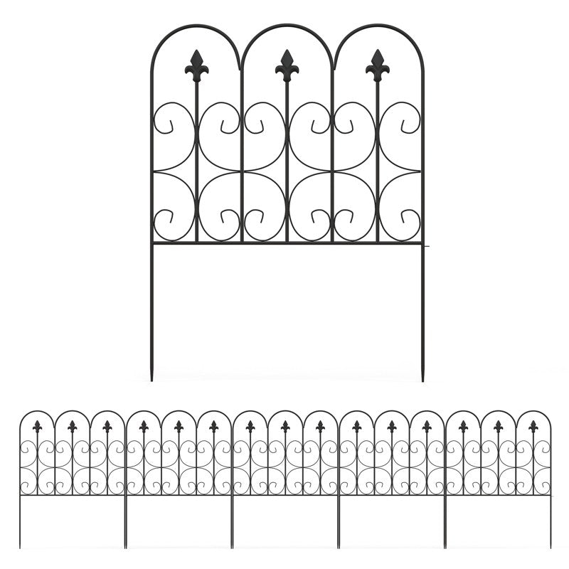 Outsunny Decorative Garden Fencing, 5PCs Outdoor Picket Fence Panels, Rustproof Metal Wire Landscape Flower Bed Border Edging Animal Barrier, Black