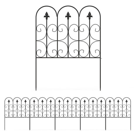 Outsunny Decorative Garden Fencing, 5PCs Outdoor Picket Fence Panels, Rustproof Metal Wire Landscape Flower Bed Border Edging Animal Barrier, Black