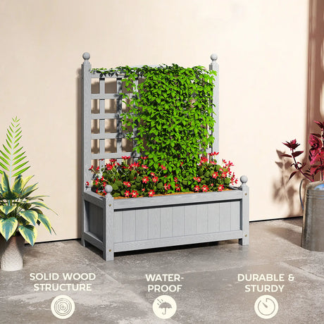 Outsunny Garden Planters with Trellis for Climbing Vines, Wood Raised Beds for Garden, Flower Pot, Indoor Outdoor, Grey