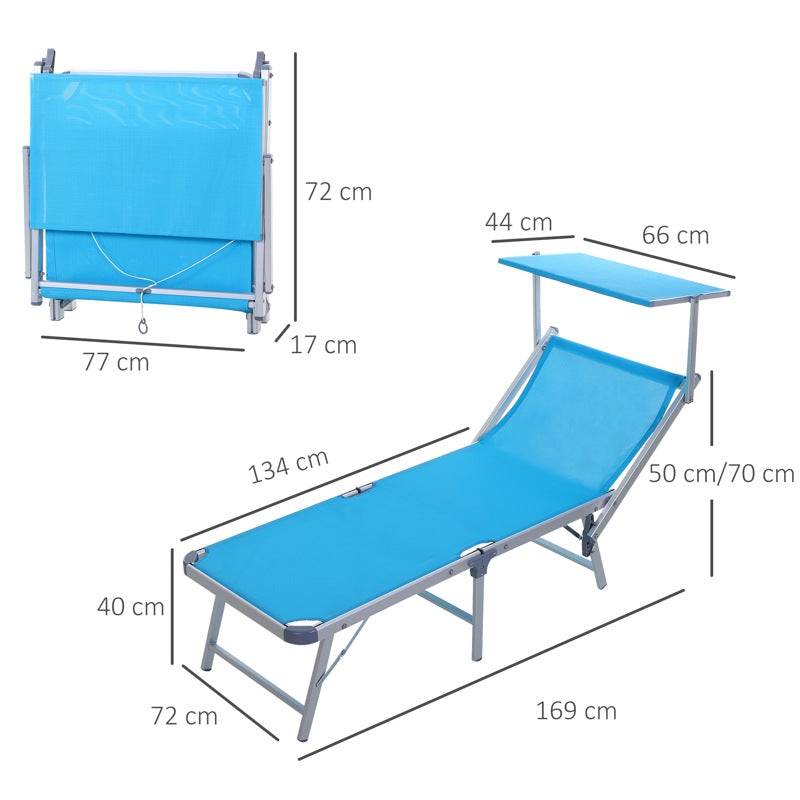 Outsunny Aluminium Foldable Sun Lounger, Outdoor Adjustable Backrest Reclining Chaise Lounge Chair with Sun Roof, Blue