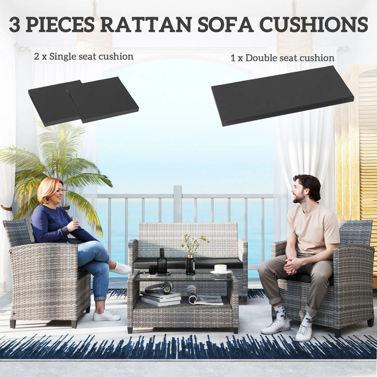 Outsunny Outdoor Seat Cushion Pads for Rattan Furniture, 3 PCs Garden Furniture Cushions, Black