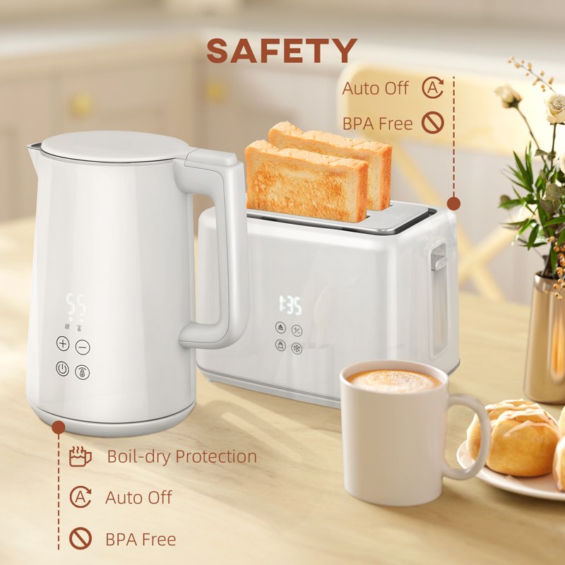 HOMCOM Kettle and Toaster Set, 1.5L 3000W Fast Boil Kettle with Insulation & 2 Slice Toaster Kitchen Set with 7 Level Browning Controls, Defrost, Reheat and Crumb Tray, Cream White