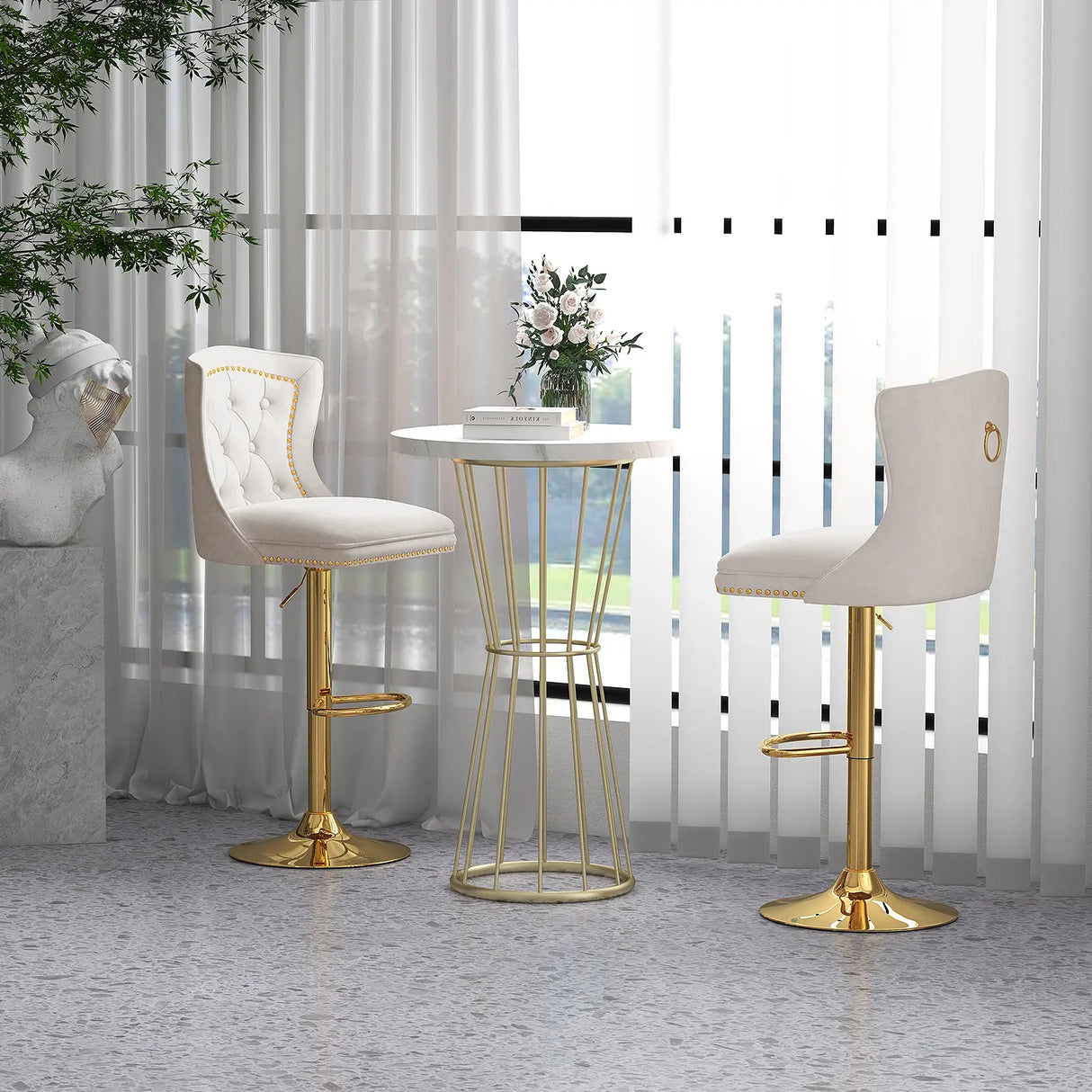 Dutch Velvet Bar Stool with Footrest-Beige