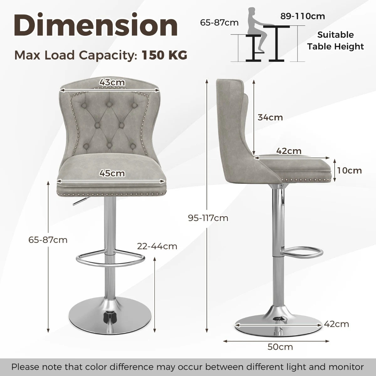 Dutch Velvet Bar Stool with Footrest-Grey