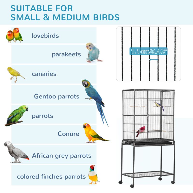 PawHut Large Bird Cage Budgie Cage with Stand, Storage Shelf, Wood Perch for Parrot Canary Parakeet Cockatiels, 81 x 48 x 162.5 cm