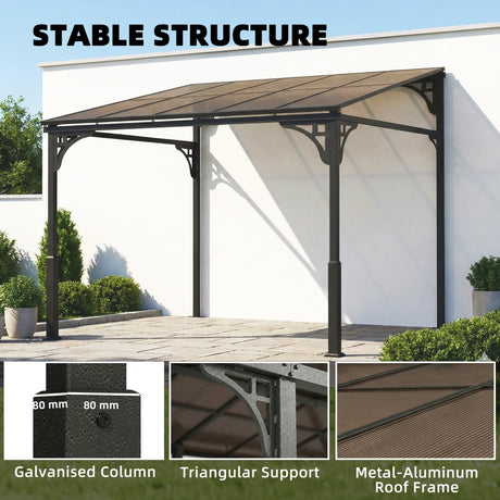 Outsunny 3 x 2.87 m Metal Lean-to Pergola, Wall-Mounted Hardtop Garden Pergola with Polycarbonate Roof and Metal-Aluminium Frame