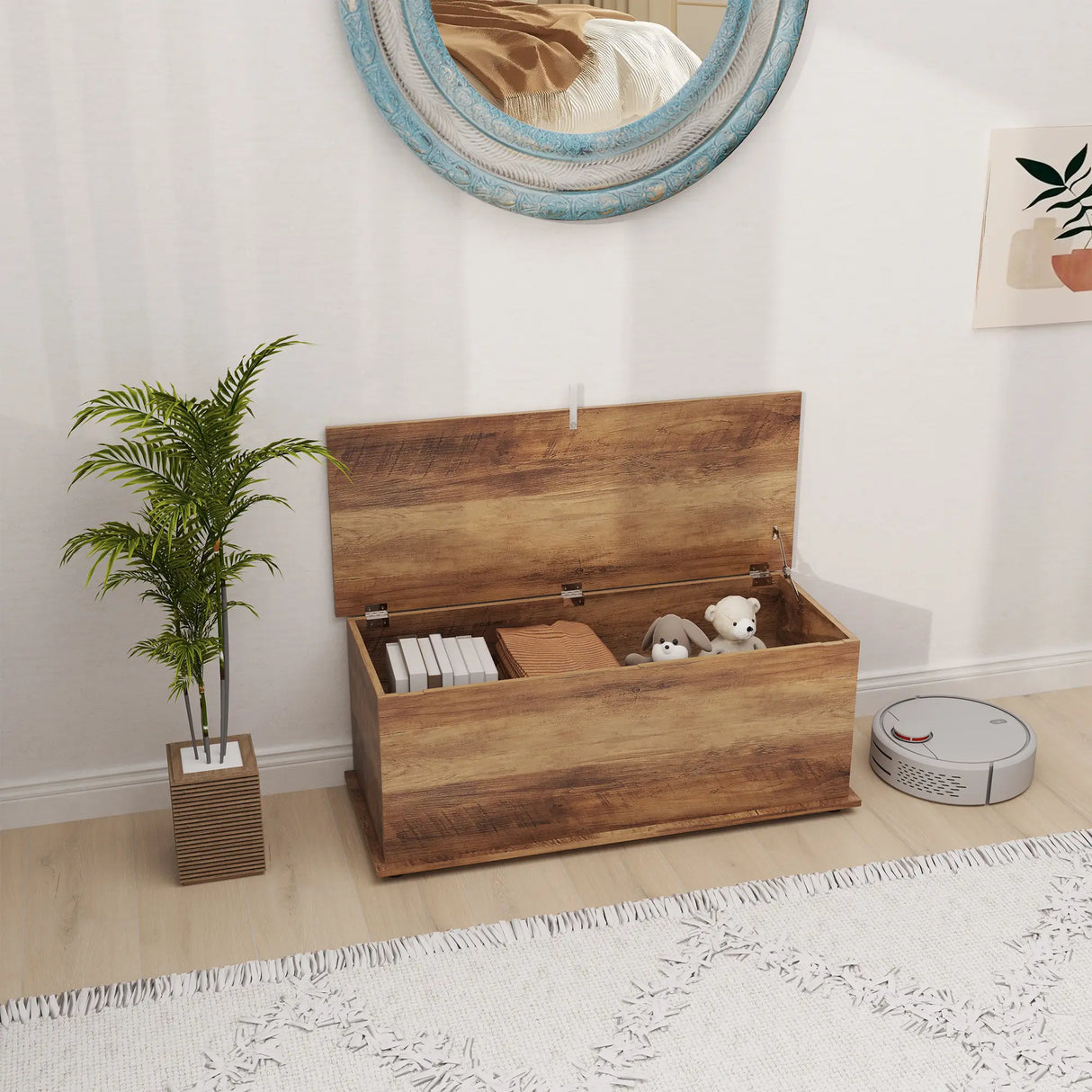 HOMCOM 113L Storage Chest, Storage Box with Flip-Top Lid and 2 Safety Hinges, Storage Trunk for Living Room, Entryway, 100 x 40 x 40 cm, Brown Wood Grain