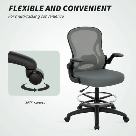 Vinsetto Drafting Chair, Ergonomic Tall Office Chair with Flip-up Armrests, Mesh Back, Lumbar Support, Adjustable Height and Foot Ring, Swivel Wheels, for Standing Desk, Charcoal Grey