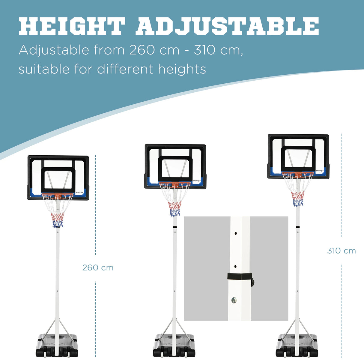 SPORTNOW 2.6-3.1m Adjustable Basketball Hoop and Basketball Stand w/ Backboard and Weighted Base, Portable on Wheels, White