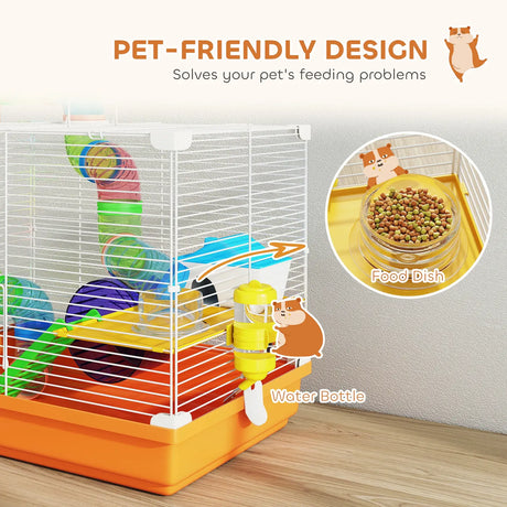 PawHut 2 Tier Hamster Cage, Gerbil Cage with Handle, Exercise Wheels, Tunnel, Water Bottle, Dishes, Ladder, for Dwarf