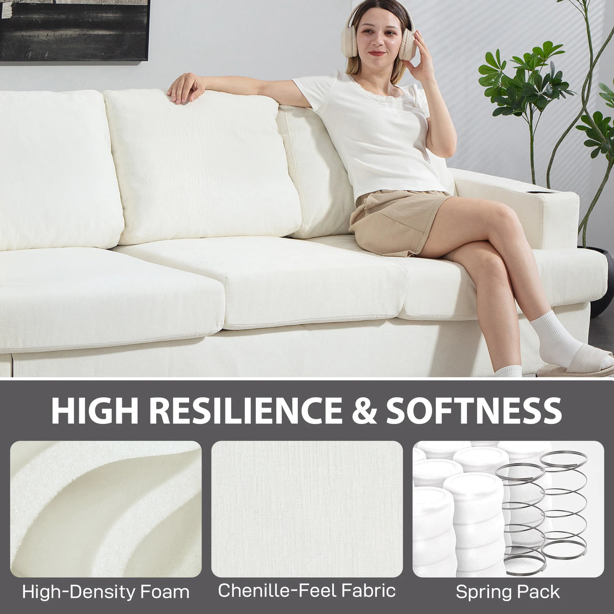 HOMCOM 3 Seater Sofa with USB Ports & Cup Holders - Cream White