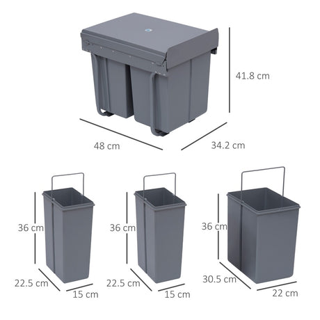 HOMCOM Kitchen Recycle Waste Bin Pull Out Soft Close Dustbin Recycling Cabinet Trash Can Grey (40L (1x20L+2x10L))