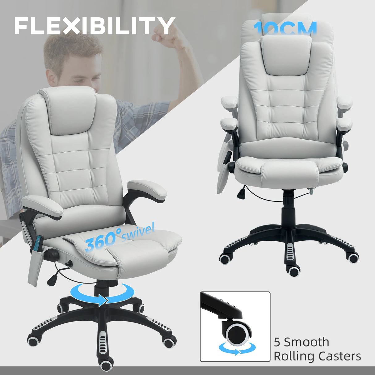 HOMCOM 6-Point Massage Office Chair with Seat Heated for Home Office, PU Leather High Back Executive Desk Chair with Adjustable Height and 360 Swivel for Work Study, Light Grey