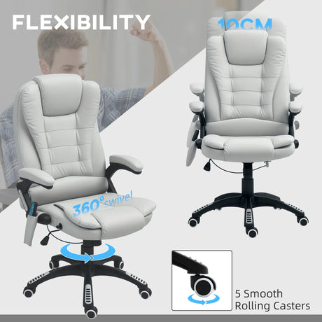 HOMCOM 6-Point Massage Office Chair with Seat Heated for Home Office, PU Leather High Back Executive Desk Chair with Adjustable Height and 360 Swivel for Work Study, Light Grey