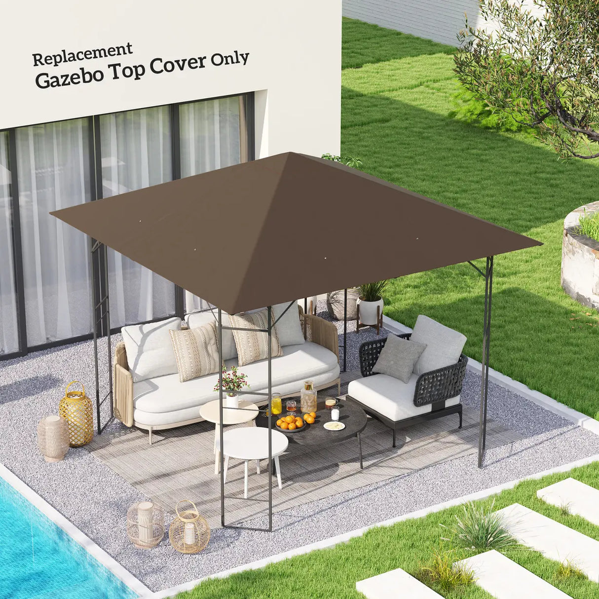 Outsunny 3 x 3(m) Gazebo Canopy Replacement Cover, Garden Gazebo Roof Replacement with Drain Holes, Water-resistant Plastic Coating, 370g/, UPF30+, TOP COVER ONLY, Brown