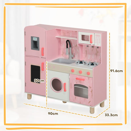 AIYAPLAY Play Kitchen, Kids Kitchen Set with Lights and Sounds, Double Stoves, Ice Maker, Chalkboard for 3+ Years - Pink