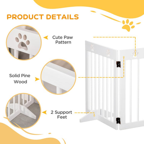 PawHut Freestanding Pet Gate 4 Panel Wooden Dog Barrier Folding Safety Fence with Support Feet up to 204cm Long 61cm Tall for Doorway Stairs White