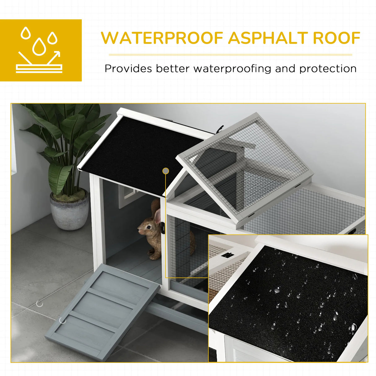 PawHut Wooden Rabbit Hutch, Guinea Pig Cage, with Removable Tray, Wheels - Grey