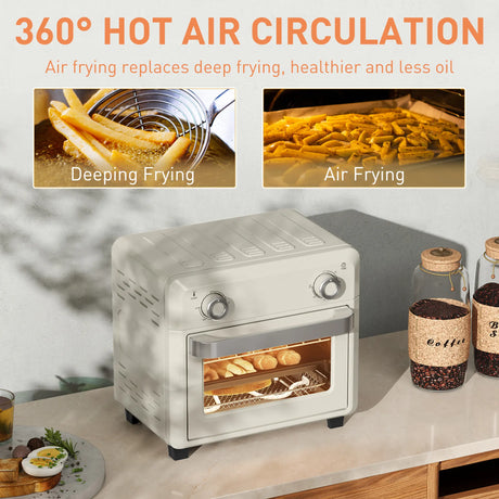 HOMCOM 10L Air Fryer Oven, Mini Oven, Oil Free Cooking, Grill, Roast, Bake, with Adjustable Temperature, Timer, Dishwasher Safe, 1000W, Cream White