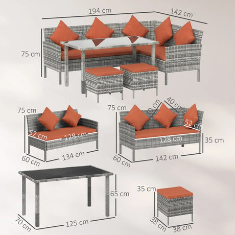 Outsunny 6-Seater Rattan Dining Set Sofa Table Footstool Outdoor w/ Cushion Garden Furniture, Orange