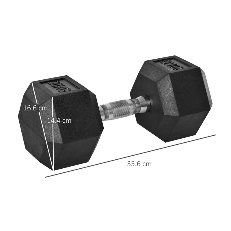 HOMCOM 20KG Single Rubber Hex Dumbbell Portable Hand Weights Dumbbell Home Gym