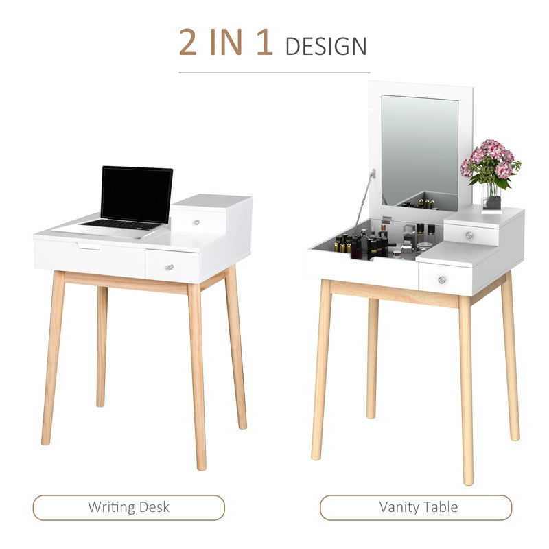 HOMCOM Dressing Table with Flip-up Mirror, Makeup Desk with 2 Drawers, Vanity Table Writing Desk for Bedroom Living Room, White