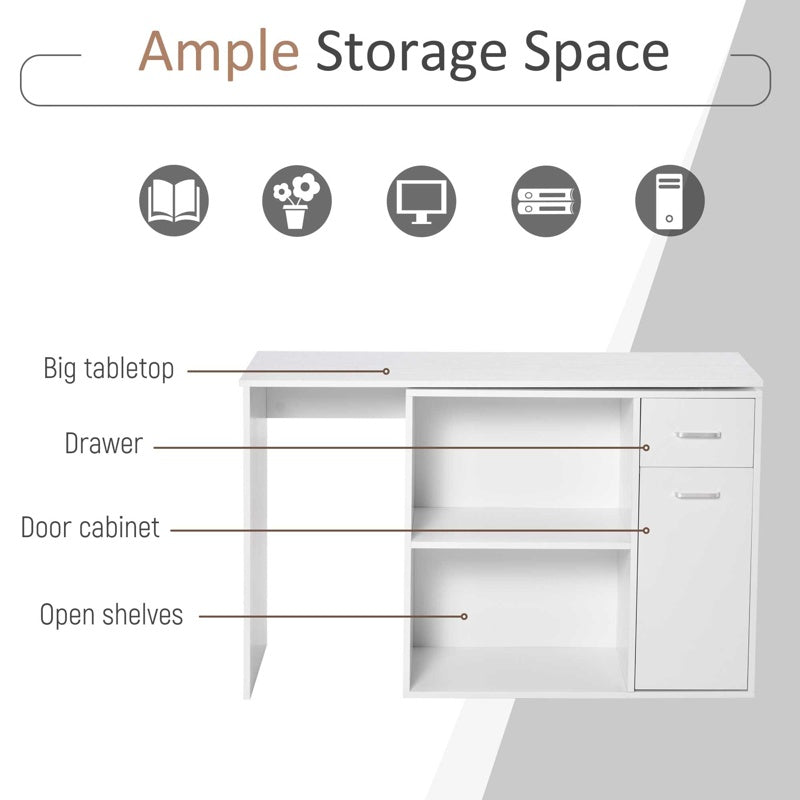 HOMCOM L-Shaped Desk, Corner Computer Desk, Adjustable Study Table with Storage Shelf, Drawer and Cabinet, Workstation for Home Office, White Wood Grain