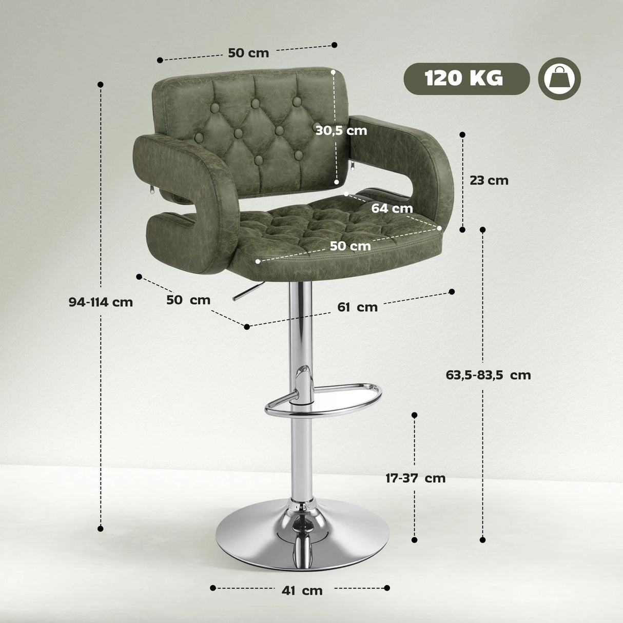 HOMCOM PU Leather Upholstered Swivel Bar Stool, Height Adjustable with Back, Armrest, Footrest, Green