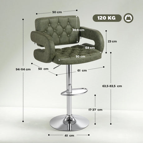 HOMCOM PU Leather Upholstered Swivel Bar Stool, Height Adjustable with Back, Armrest, Footrest, Green