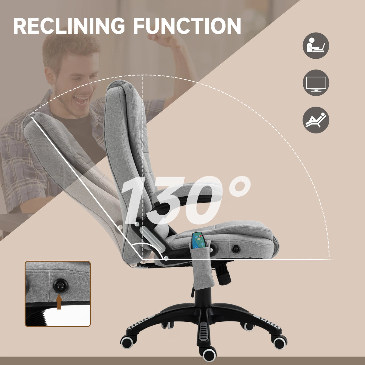 Vinsetto Office Chair, Ergonomic Fabric Desk Chair with 6-Point Massage and Back Heated, Arms, Lumbar Support, Light Grey
