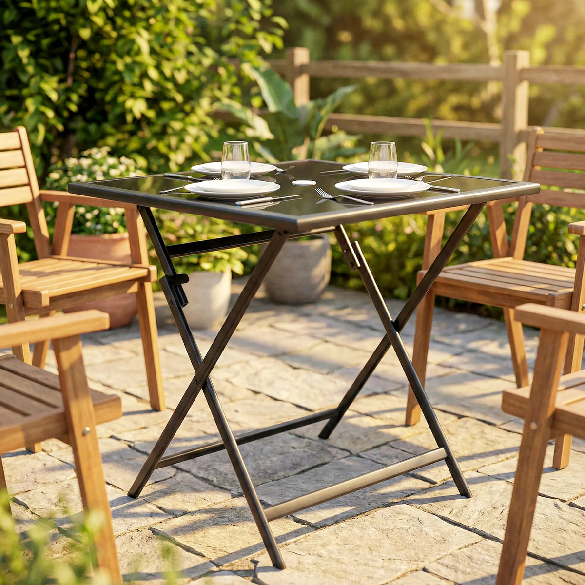 Outsunny Folding Outdoor Dining Table, Square Garden Table Tempered Glass Top with Parasol Hole Garden Patio, 70 x 70 x 70 cm