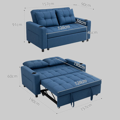 HOMCOM 2-Seater Sofa Bed with Cup Holders and Side Pockets for Overnight Guest, Dark Blue