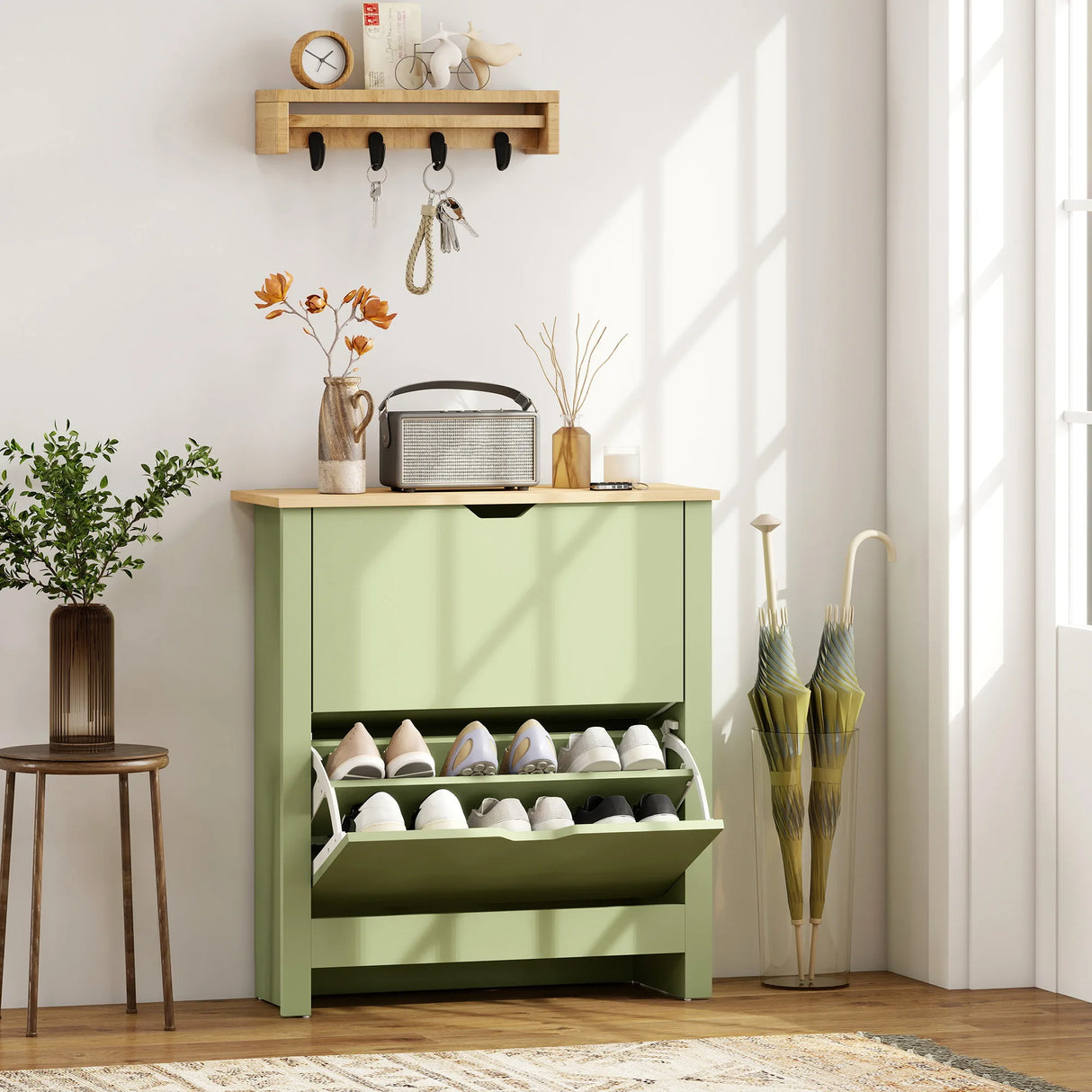 HOMCOM Slim Shoe Cabinet, Narrow Shoe Cupboard with 2 Flip Drawers, Adjustable Shelves for 12 Pairs of Shoes, Green