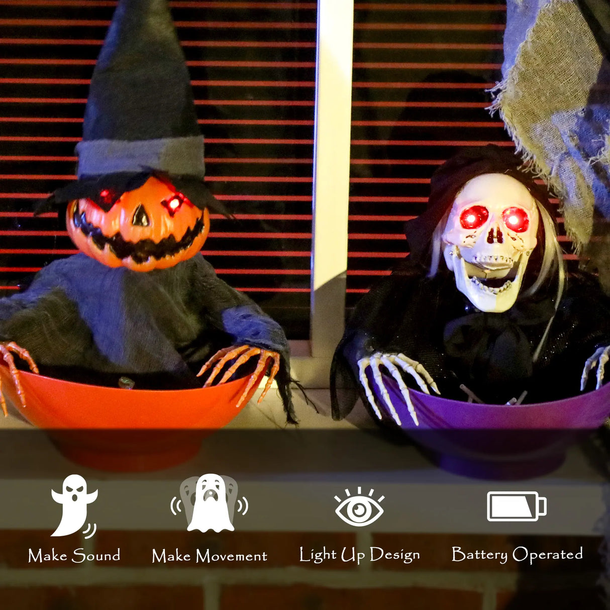 Outsunny 2pcs Animated Halloween Skull Bowl, Skeleton Ghost Skull Candy Dish with LED Eyes, Moving Body and Creepy Sound for Party Decoration, Festival Haunted Houses