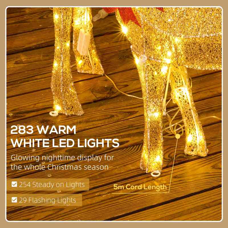 Outsunny Lighted Reindeer Christmas Decorations Outdoor, 3-Piece Light Up Deer Family Set of 3 with 283 LED Lights for Indoor, Lawn, Garden, Gold Tone