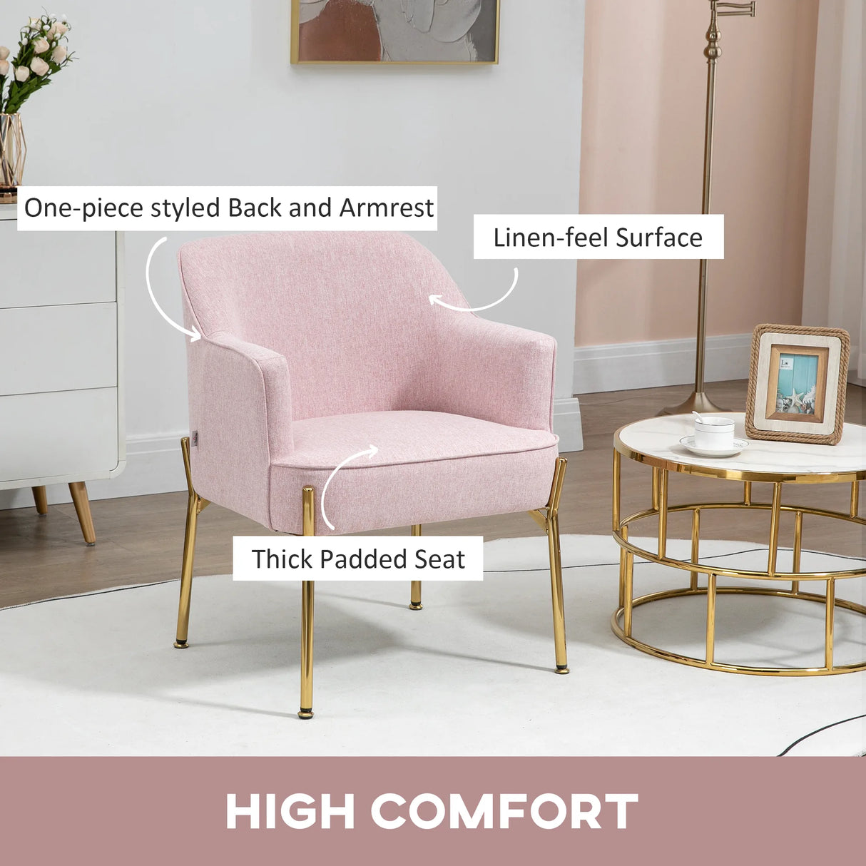 HOMCOM Accent Chair, Living Room Armchair, Vanity Chair with Gold Plating Metal Legs and Soft Padded Seat for Bedroom and Caf, Set of 2, Pink