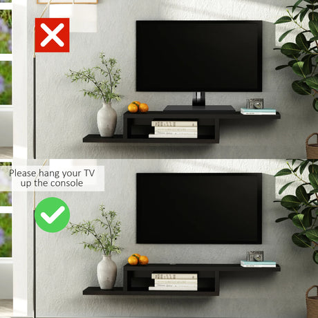 HOMCOM Floating TV Unit, Wall Mounted TV Stand with Open Shelf and 2 Cable Holes, Entertainment Unit for Living Room, Black