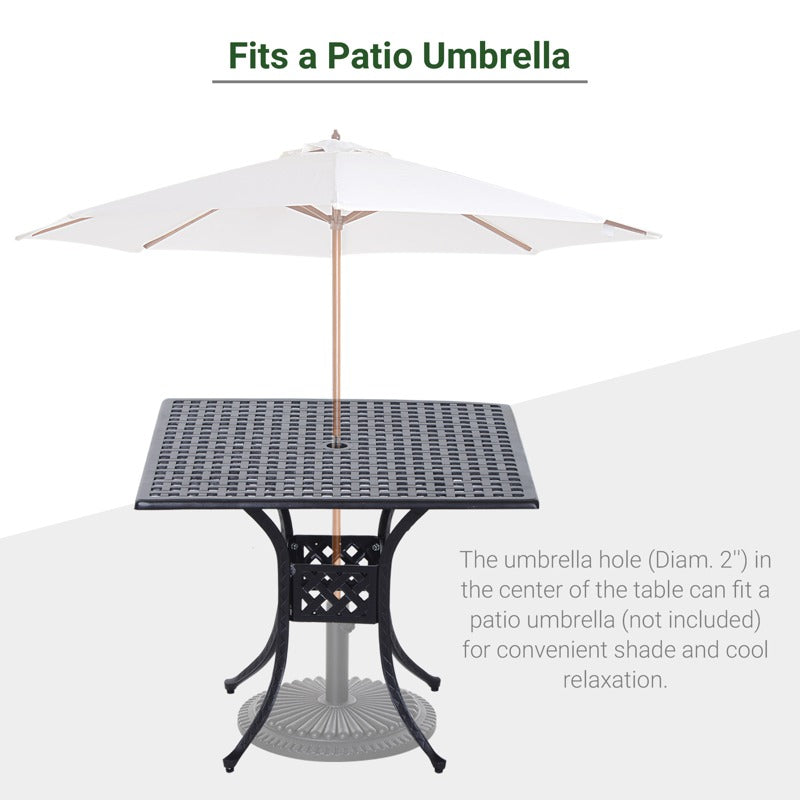 Outsunny 90cm Square Garden Table with Umbrella Hole, Aluminium Grid Motif Outdoor Dining Table for Garden Patio, Black