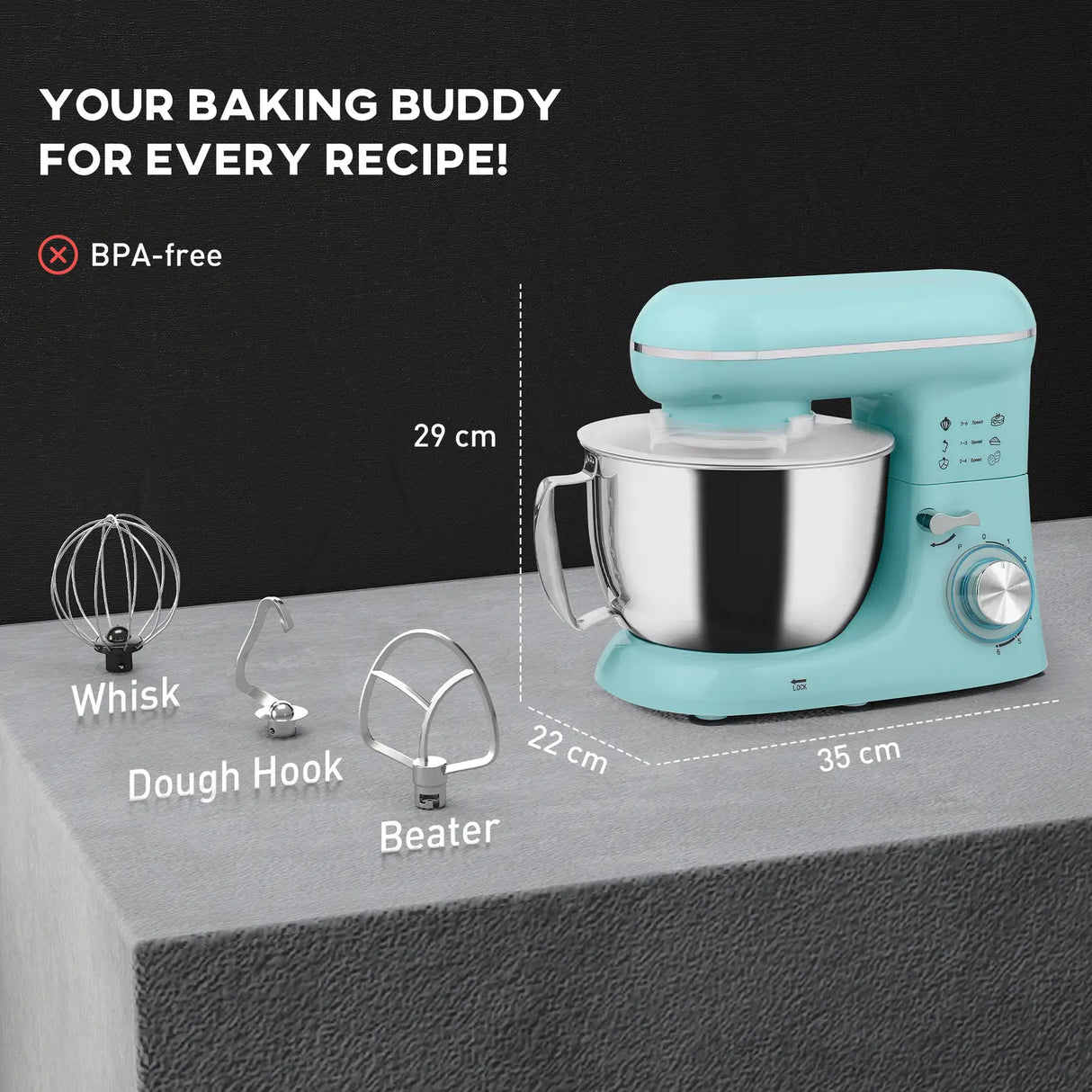 HOMCOM 1300W Kitchen Stand Mixer, with Accessories - Blue