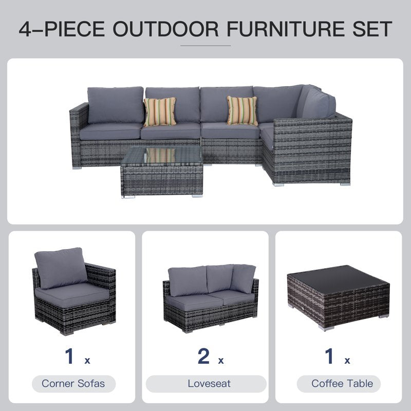 Outsunny 4 Pieces Rattan Garden Furniture Set, Wicker Outdoor Furniture with Corner Sofa Loveseat Coffee Table Cushions, Conservatory Furniture Set for Patio Balcony Poolside, Grey