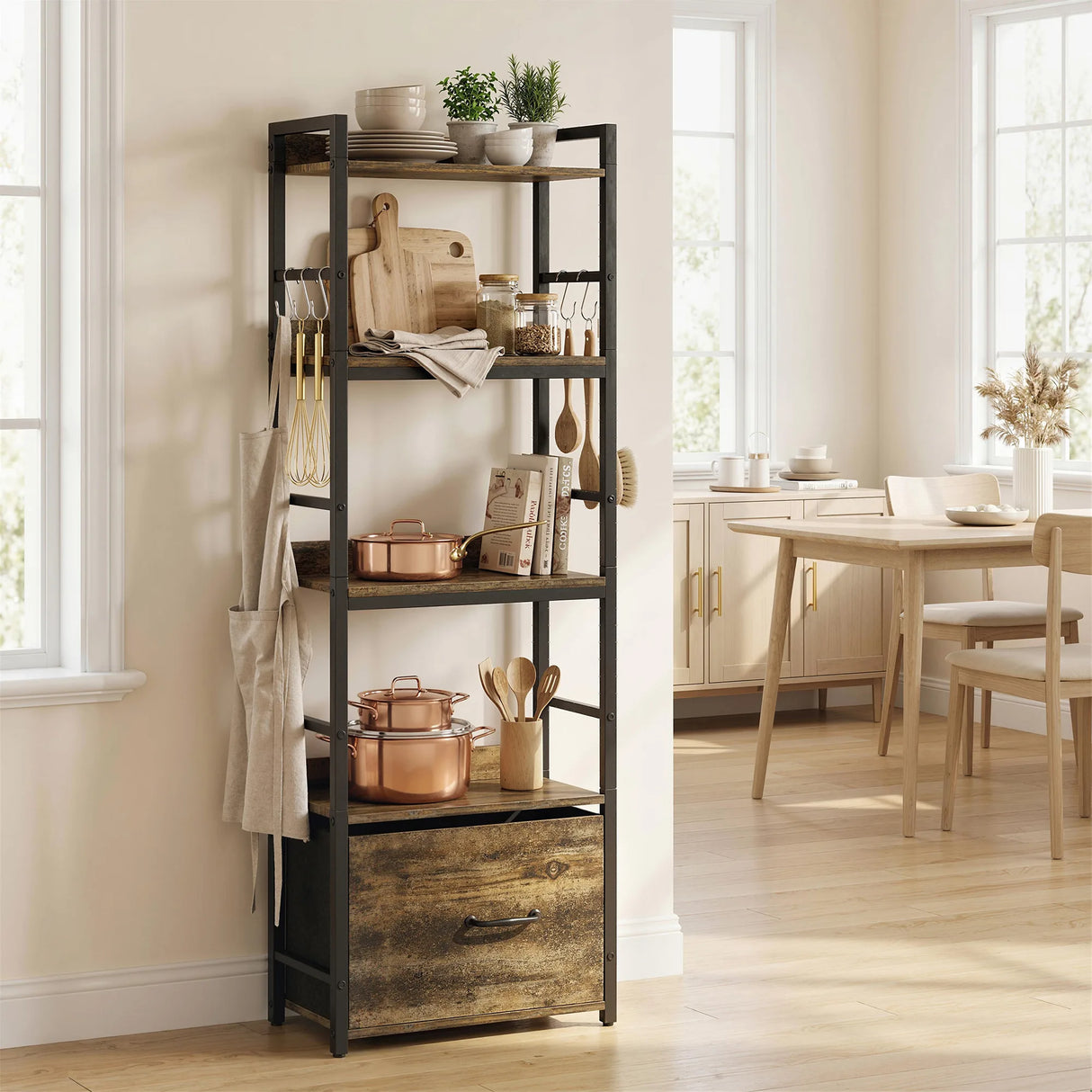 HOMCOM 4-Tier Bookshelf, Narrow Bookcase with Drawer, 8 Hooks, Metal Frame, Rustic Brown