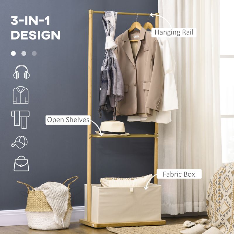 HOMCOM Clothes Rail, Bamboo Coat Stand, Garment Rack with Open Shelves and Fabric Storage Box for Bedroom, Hallway, Natural