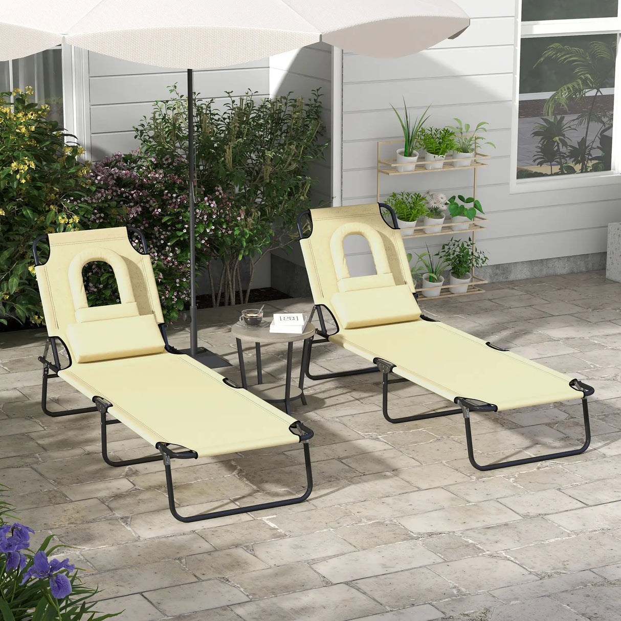 Outsunny Folding Sun Loungers Set of 2 with Face Hole, 4-Position Adjustable Backrest Garden Recliner Chairs Sunbeds, Outdoor Lounge Chairs with 600 D Oxford Cloth Seat, Pillow for Beach, Beige