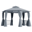 Outsunny 3 x 3(m) Hexagon Gazebo Patio Canopy Party Tent Outdoor Garden Shelter w/ 2 Tier Roof & Side Panel - Grey