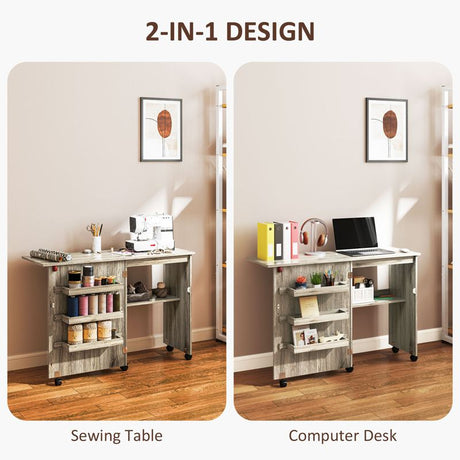 HOMCOM Folding Sewing Table, Drop Leaf Craft Table with Storage Bins, Open Shelf and Wheels, Rolling Sewing Machine Cabinet Computer Desk for Small Space, Grey