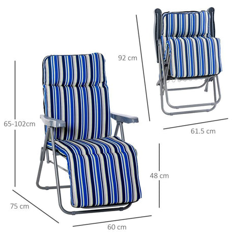 Outsunny Set of 2 Garden Sun Lounger Outdoor Reclining Seat Cushioned Seat Foldable Adjustable Recliner Blue and White