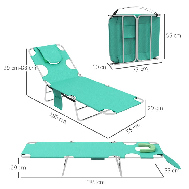 Outsunny Foldable Sun Lounger Set of 2 with Reading Hole, Portable Sun Lounger with 5 Level Adjustable Backrest, Reclining Lounge Chair with Side Pocket, Headrest Pillow, Green