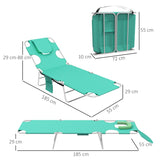 Outsunny Foldable Sun Lounger Set of 2 with Reading Hole, Portable Sun Lounger with 5 Level Adjustable Backrest, Reclining Lounge Chair with Side Pocket, Headrest Pillow, Green