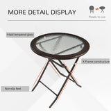 Outsunny Folding Rattan Garden Dining Table, 68 cm Round Rattan Garden Table with Water Ripple Tempered Glass Top, Wicker Edging  and Steel Frame for Outdoor, Patio, Brown