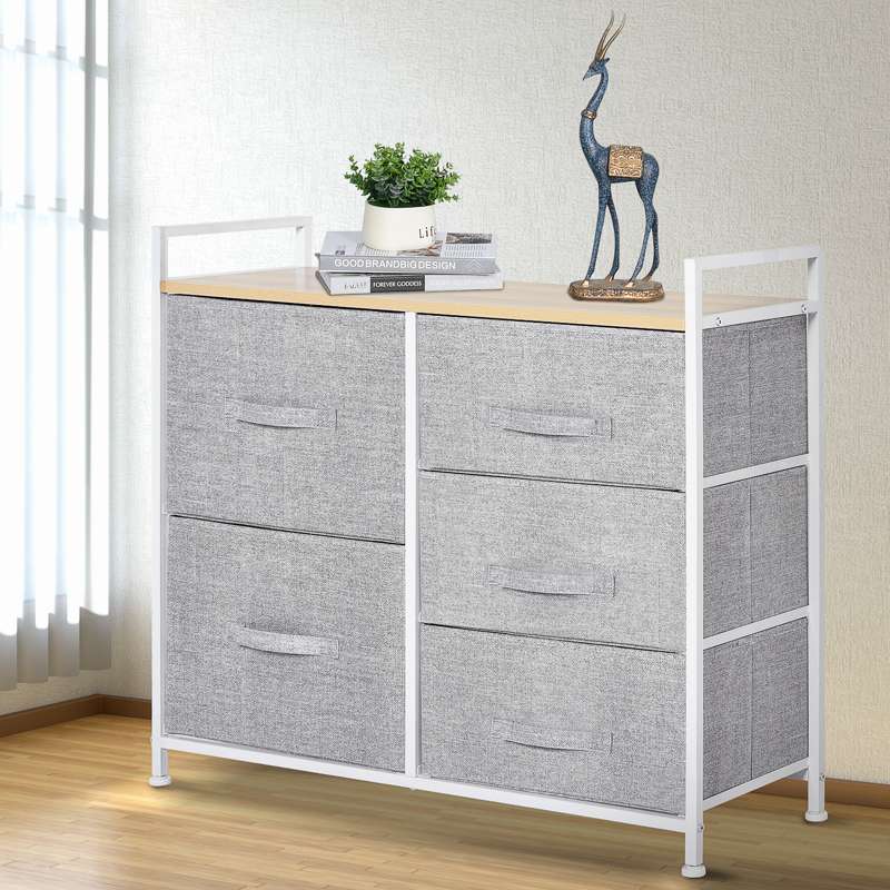 HOMCOM 5 Drawer Linen Basket Storage Unit Home Organisation w/ Shelf Handles Metal Frame Adjustable Feet Hallway Home Dresser Grey